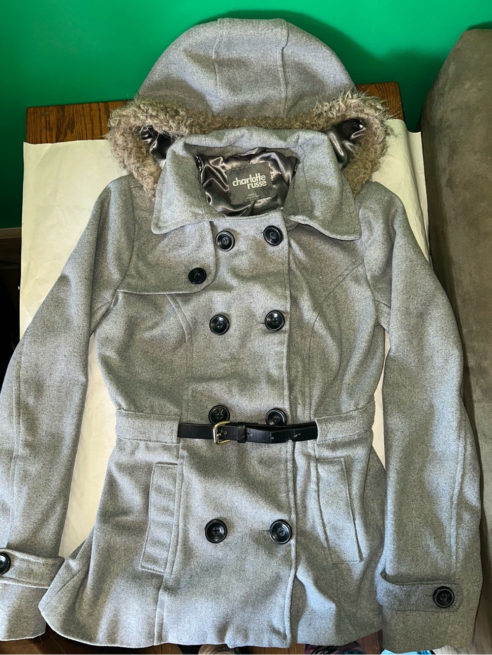 Charlotte Russe Women's Gray Double-Breasted Hooded Peacoat
